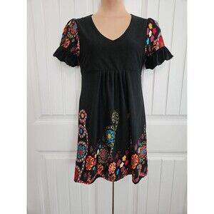 DILY Black Floral Ruffle V-Neck Dress Size Medium (8-10) Boho Retro Bell Sleeve